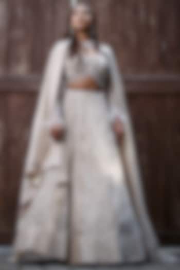 Ivory Satin Organza Cutdana & Sequin Hand Embroidered Wedding Lehenga Set by LASHA at Pernia's Pop Up Shop