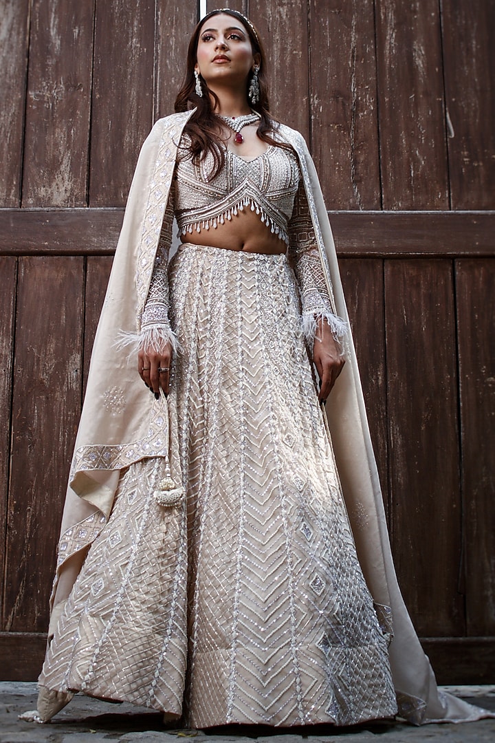 Ivory Satin Organza Cutdana & Sequin Hand Embroidered Wedding Lehenga Set by LASHA at Pernia's Pop Up Shop