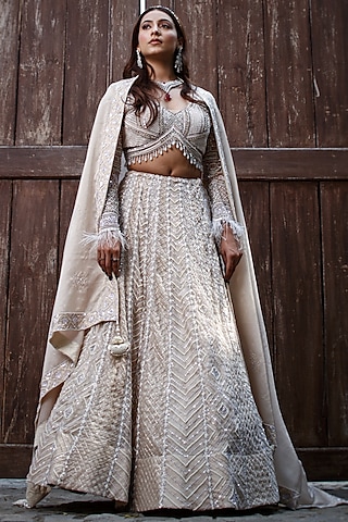 Ivory Satin Organza Cutdana & Sequin Hand Embroidered Lehenga Set by LASHA