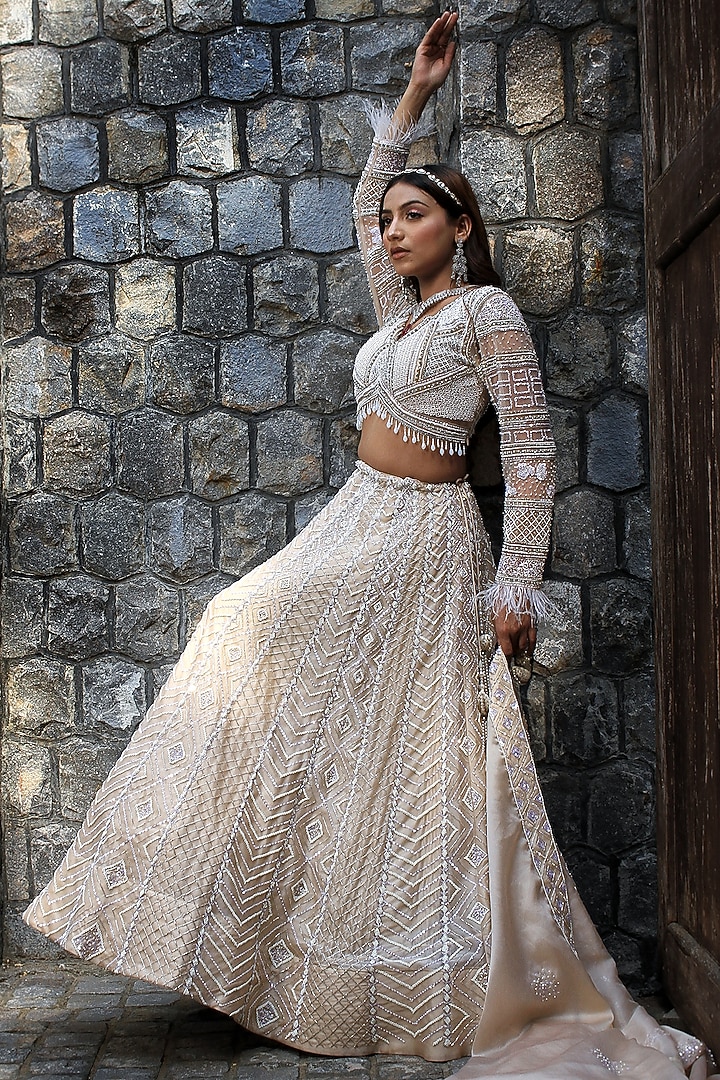 Ivory Satin Organza Cutdana & Sequin Hand Embroidered Wedding Lehenga Set by LASHA at Pernia's Pop Up Shop