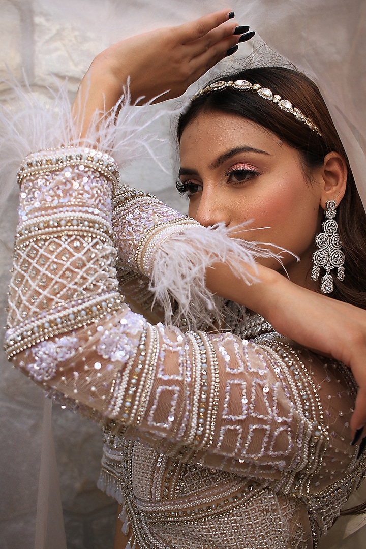 Ivory Satin Organza Cutdana & Sequin Hand Embroidered Wedding Lehenga Set by LASHA at Pernia's Pop Up Shop