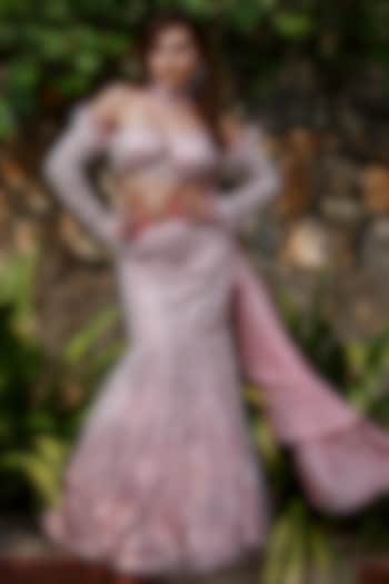 Pink Organza Sequin & Crystal Embroidered Fish-Cut Wedding Lehenga Set by LASHA at Pernia's Pop Up Shop