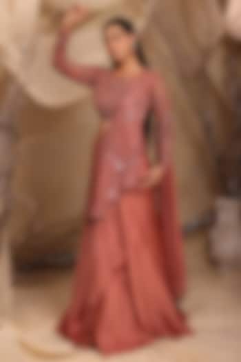 Pink Georgette Crystal Work Pre-Draped Wedding Lehenga Saree Set by LASHA at Pernia's Pop Up Shop