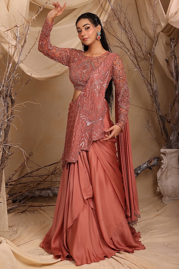 Pink Georgette Crystal Work Pre-Draped Wedding Lehenga Saree Set by LASHA at Pernia's Pop Up Shop