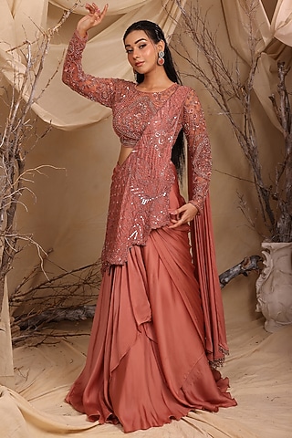 Pink Georgette Crystal Work Pre-Draped Lehenga Saree Set by LASHA