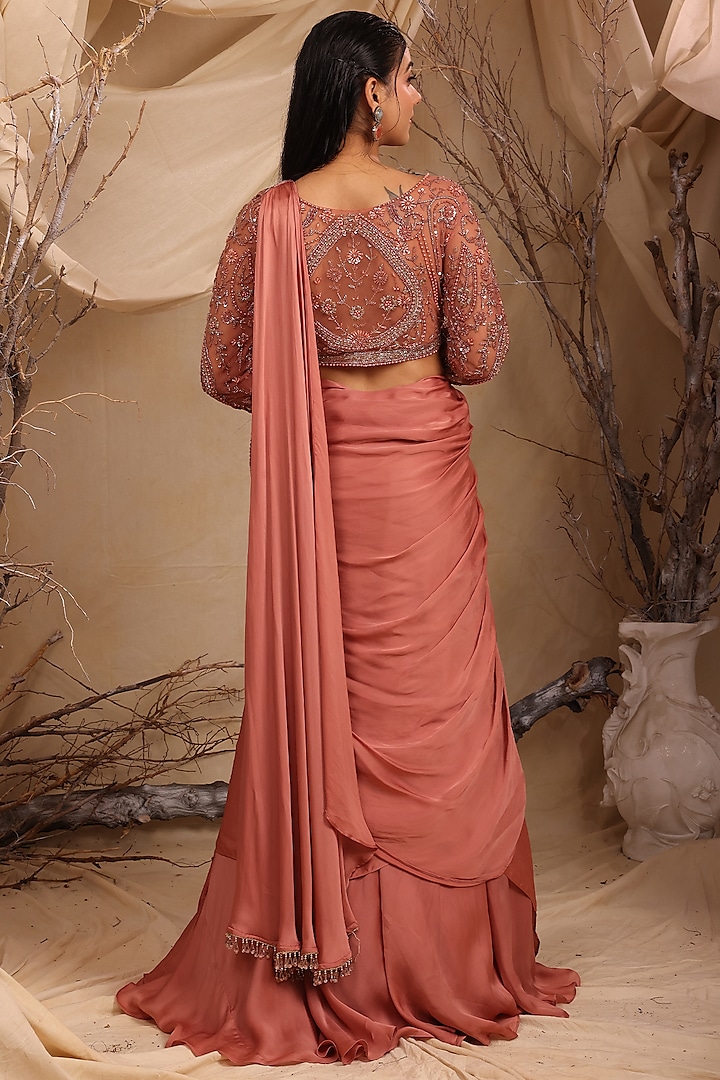 Pink Georgette Crystal Work Pre-Draped Wedding Lehenga Saree Set by LASHA at Pernia's Pop Up Shop