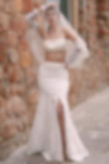 Ivory Silk Organza Hand Work Fish-Cut Jacket Wedding Lehenga Set by LASHA at Pernia's Pop Up Shop