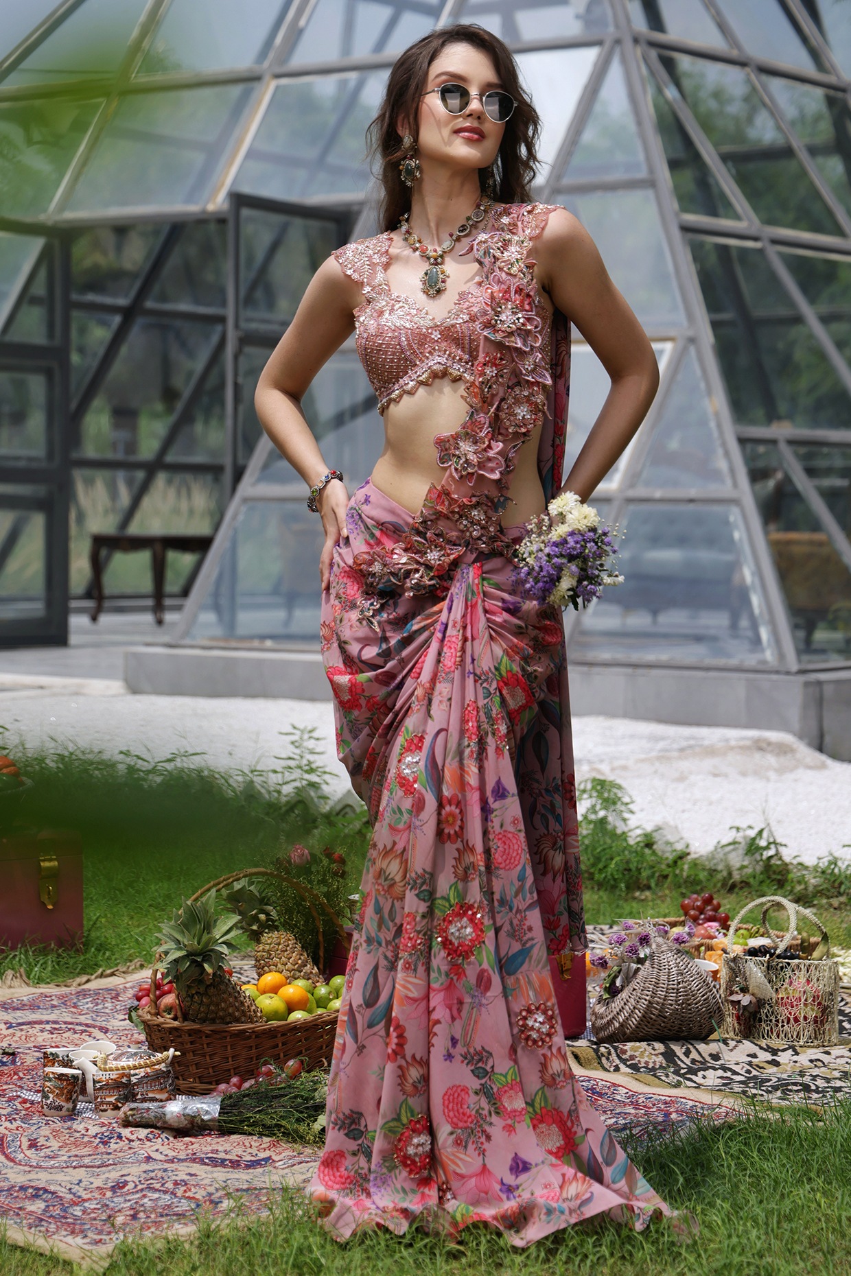 LASHA Pink Satin Silk Floral Printed & Cutwork Embroidered Draped Saree Set