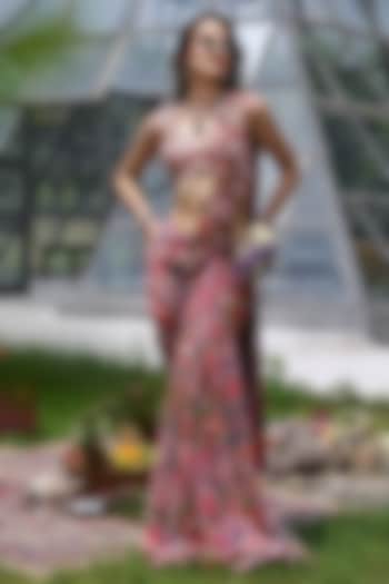 Pink Satin Silk Floral Printed & Cutwork Embroidered Draped Wedding Saree Set by LASHA at Pernia's Pop Up Shop