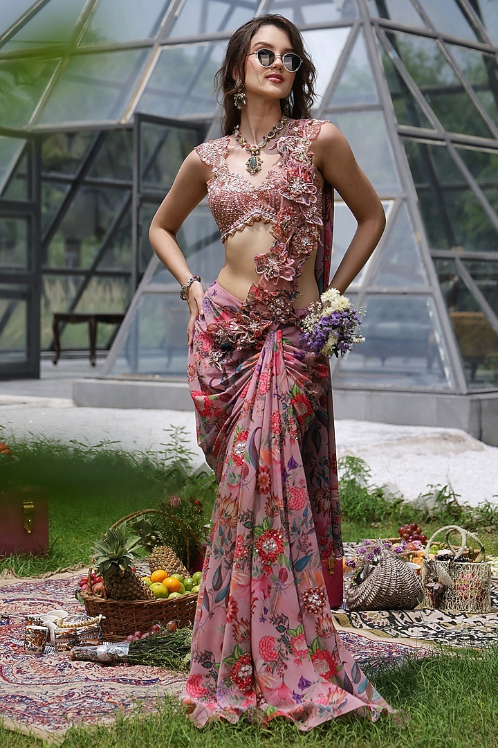 Pink Satin Silk Floral Printed & Cutwork Embroidered Draped Wedding Saree Set by LASHA at Pernia's Pop Up Shop