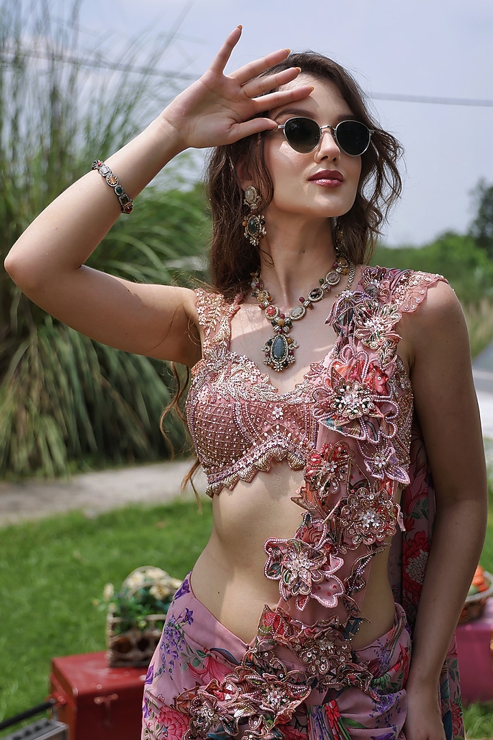 Pink Satin Silk Floral Printed & Cutwork Embroidered Draped Wedding Saree Set by LASHA at Pernia's Pop Up Shop