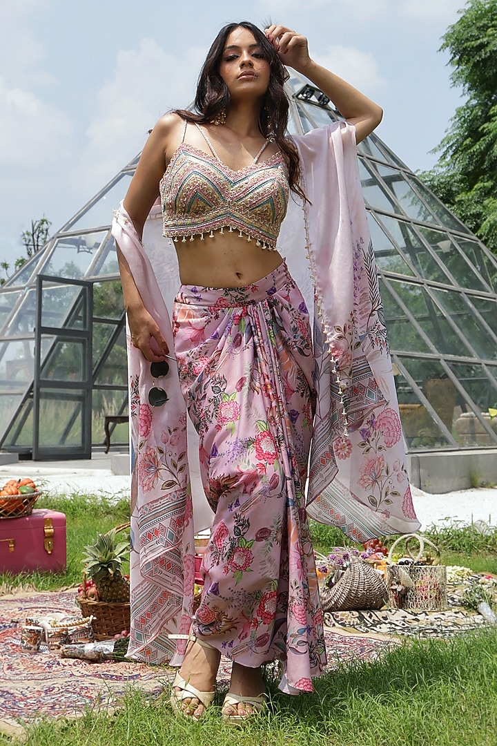 Pink Georgette & Net Floral Printed Draped Skirt Set by LASHA at Pernia's Pop Up Shop