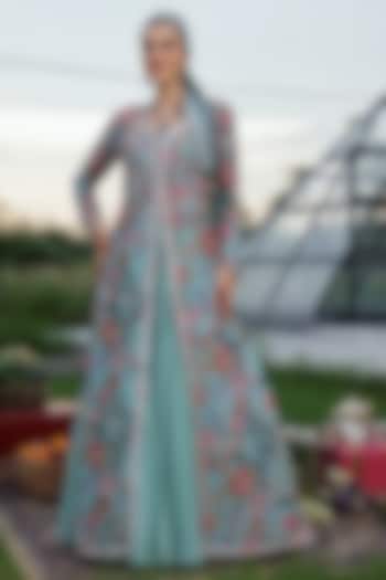 Mint Blue Georgette Beads Embellished Anarkali Engagement Gown With Jacket by LASHA at Pernia's Pop Up Shop