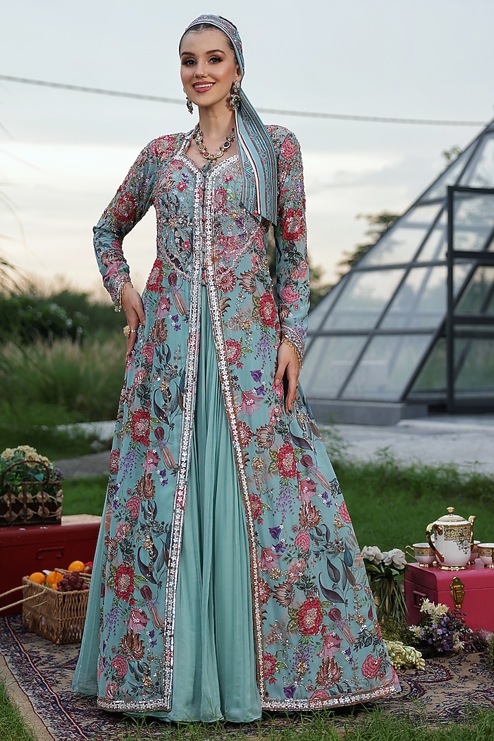 Mint Blue Georgette Beads Embellished Anarkali Engagement Gown With Jacket by LASHA at Pernia's Pop Up Shop