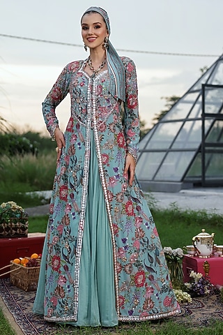 Mint Blue Georgette Beads Embellished Anarkali Gown With Jacket by LASHA