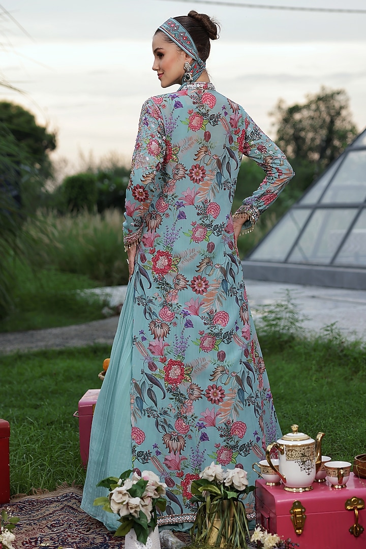 Mint Blue Georgette Beads Embellished Anarkali Engagement Gown With Jacket by LASHA at Pernia's Pop Up Shop