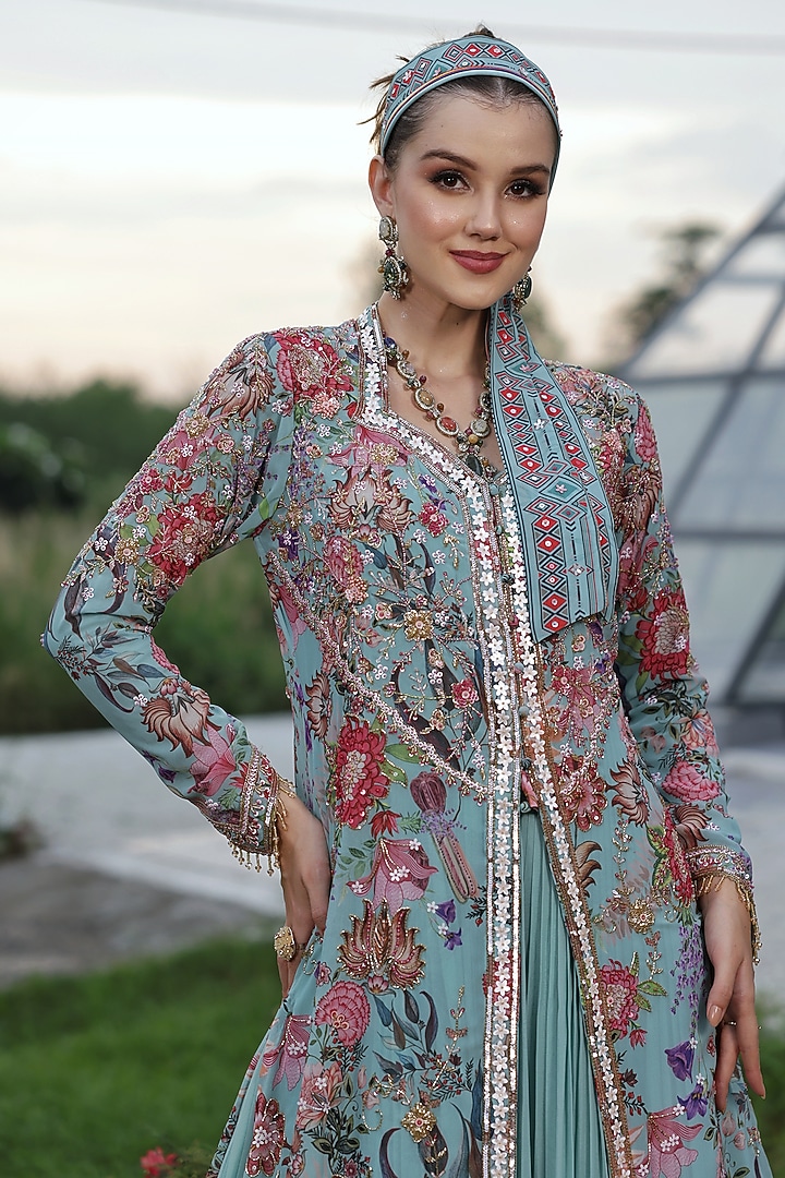 Mint Blue Georgette Beads Embellished Anarkali Engagement Gown With Jacket by LASHA at Pernia's Pop Up Shop