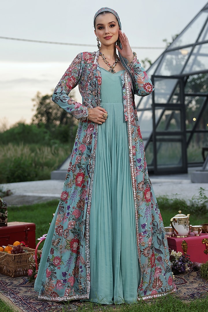 Mint Blue Georgette Beads Embellished Anarkali Engagement Gown With Jacket by LASHA at Pernia's Pop Up Shop