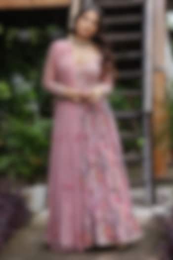 Pink Georgette Floral Printed & Hand Embroidered Anarkali Engagement Gown With Dupatta by LASHA at Pernia's Pop Up Shop