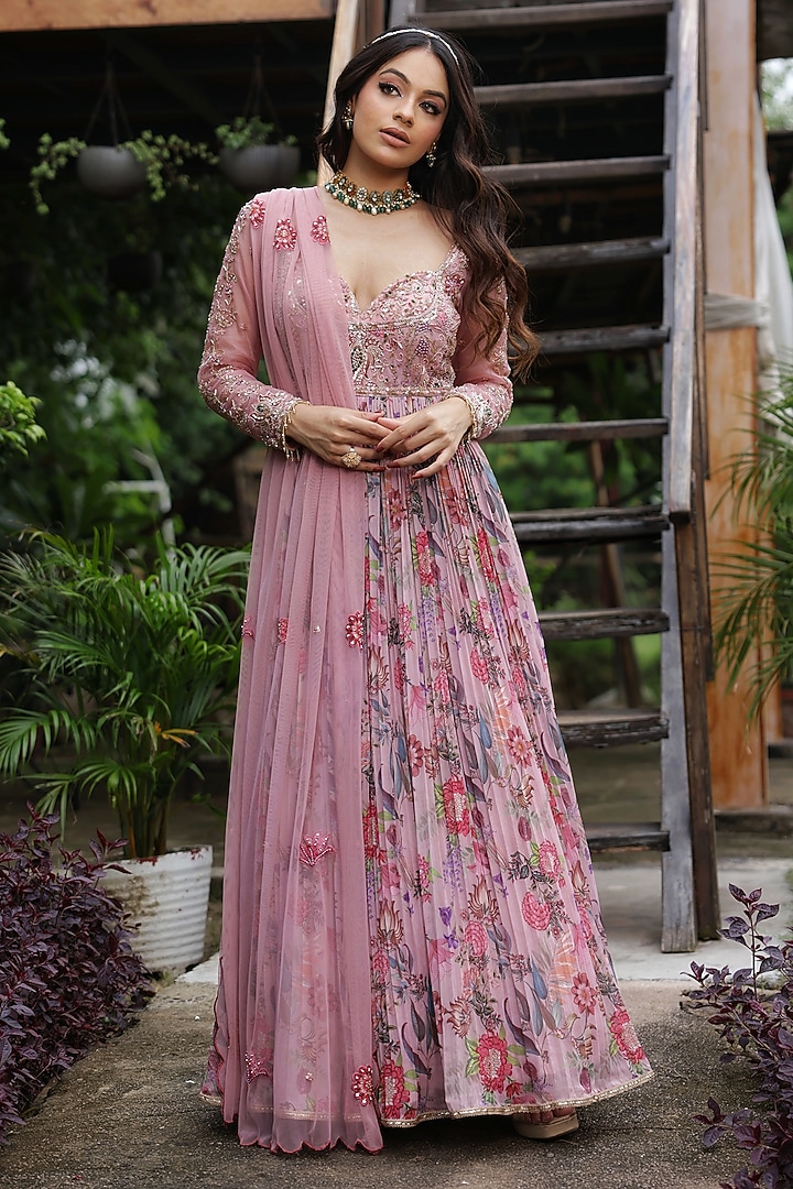 Pink Georgette Floral Printed & Hand Embroidered Anarkali Engagement Gown With Dupatta by LASHA at Pernia's Pop Up Shop