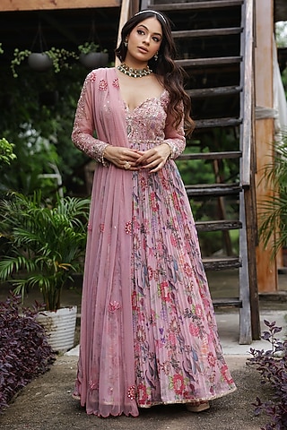 Pink Georgette Floral Printed & Hand Embroidered Anarkali Gown With Dupatta by LASHA