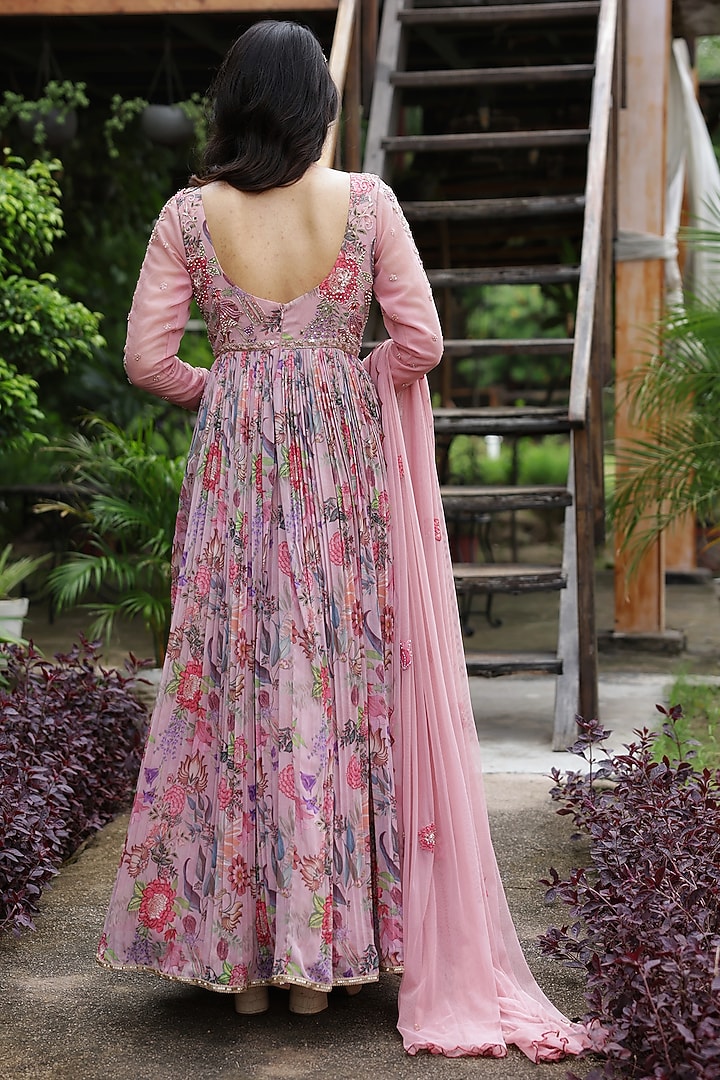 Pink Georgette Floral Printed & Hand Embroidered Anarkali Engagement Gown With Dupatta by LASHA at Pernia's Pop Up Shop