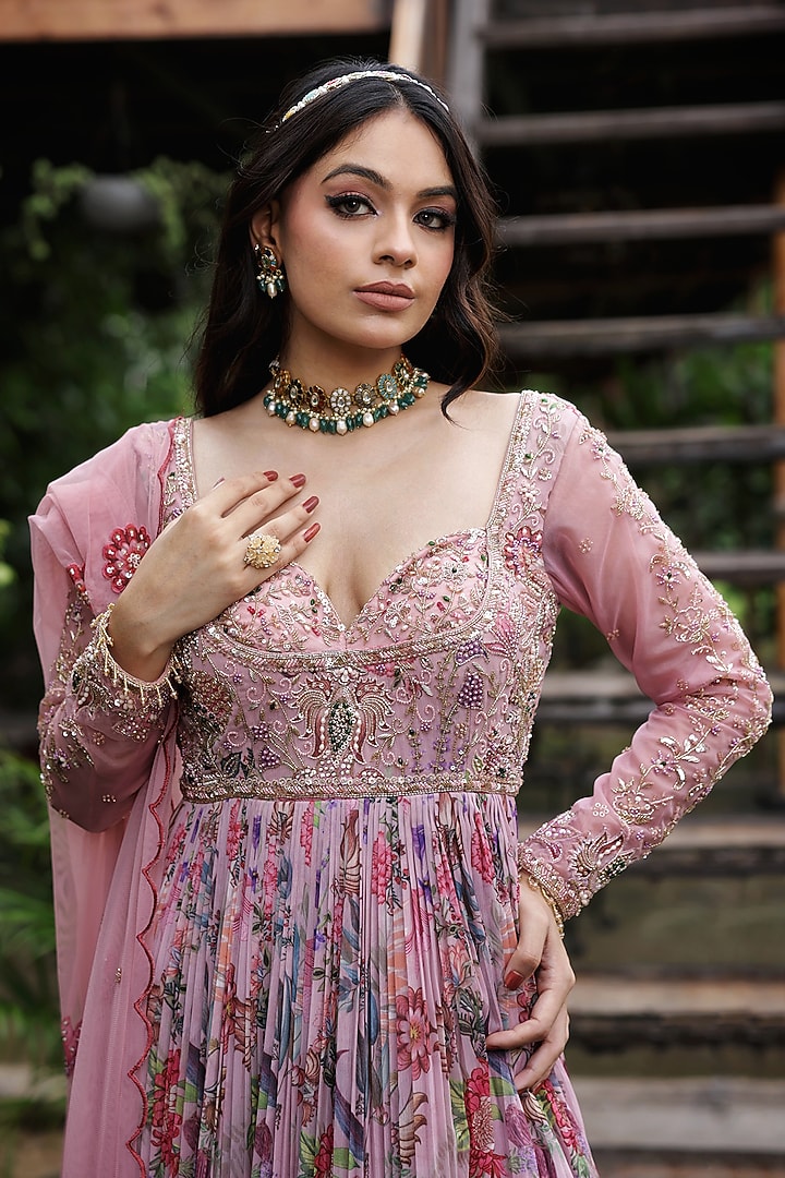 Pink Georgette Floral Printed & Hand Embroidered Anarkali Engagement Gown With Dupatta by LASHA at Pernia's Pop Up Shop