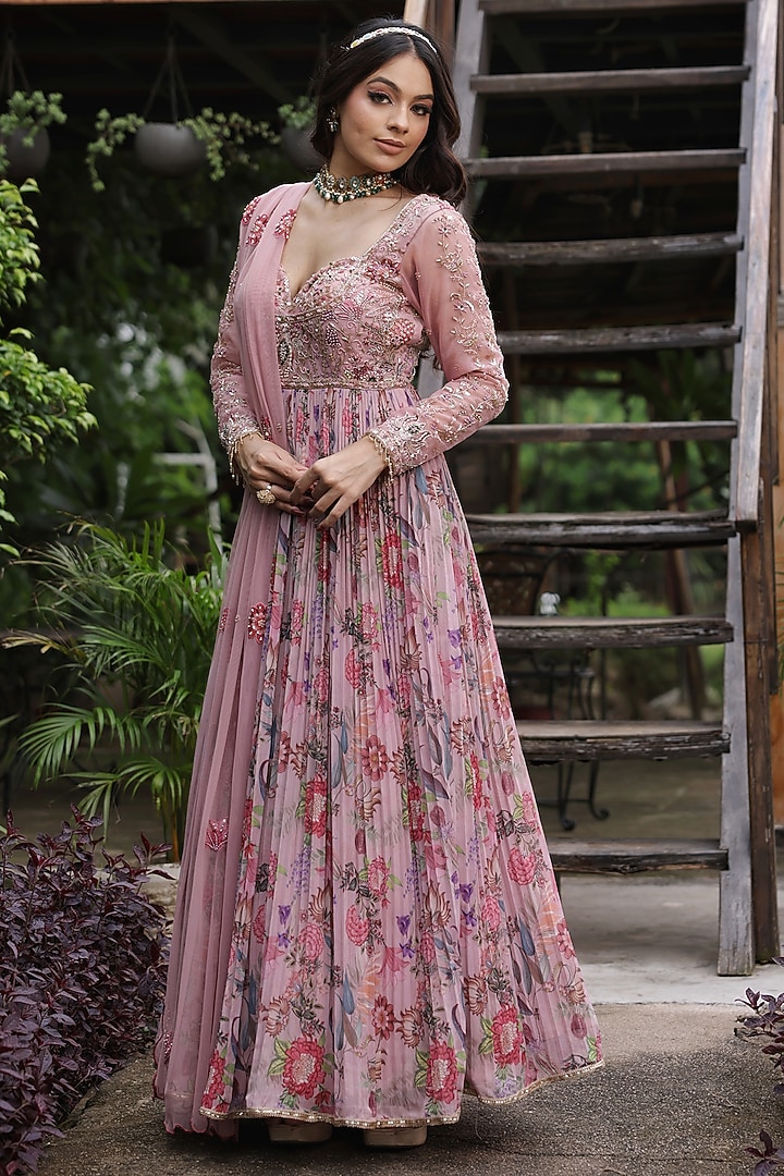 Pink Georgette Floral Printed & Hand Embroidered Anarkali Engagement Gown With Dupatta by LASHA at Pernia's Pop Up Shop
