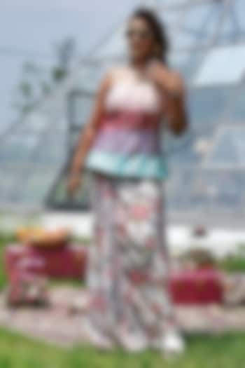 Multi-Colored Georgette Floral Printed Pre-Draped Skirt Set by LASHA at Pernia's Pop Up Shop