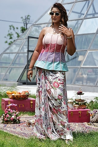 Multi-Colored Georgette Floral Printed Pre-Draped Skirt Set by LASHA