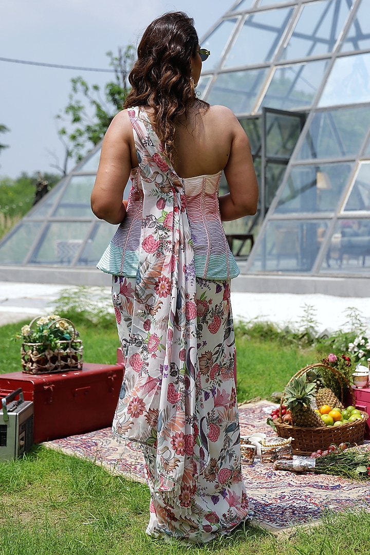 Multi-Colored Georgette Floral Printed Pre-Draped Skirt Set by LASHA at Pernia's Pop Up Shop