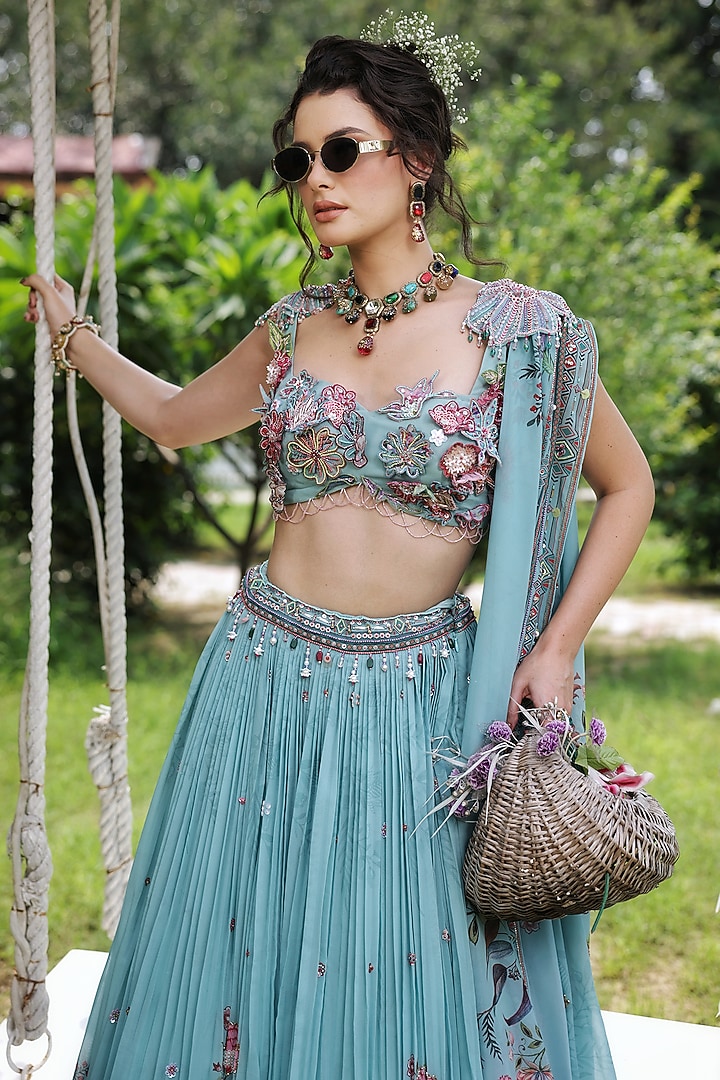 Multi-Colored Georgette Tropical Printed Wedding Lehenga Set by LASHA at Pernia's Pop Up Shop