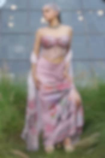 Peach Crepe & Organza Floral Printed Draped Skirt Set by LASHA at Pernia's Pop Up Shop