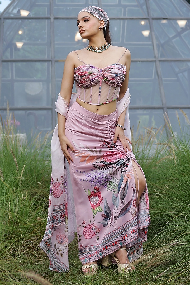 Peach Crepe & Organza Floral Printed Draped Skirt Set by LASHA at Pernia's Pop Up Shop