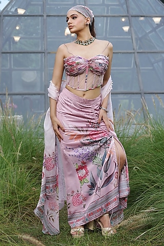 Peach Crepe & Organza Floral Printed Draped Skirt Set by LASHA