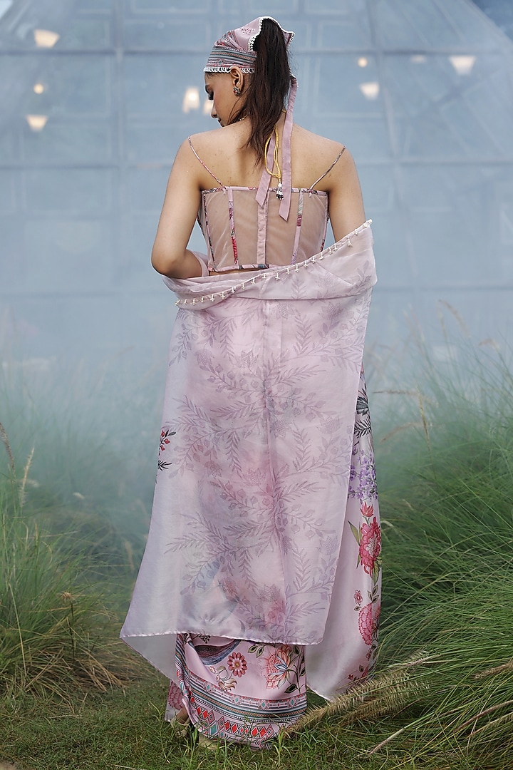 Peach Crepe & Organza Floral Printed Draped Skirt Set by LASHA at Pernia's Pop Up Shop