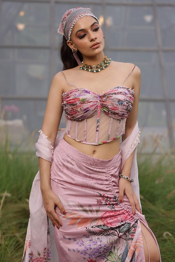 Peach Crepe & Organza Floral Printed Draped Skirt Set by LASHA at Pernia's Pop Up Shop
