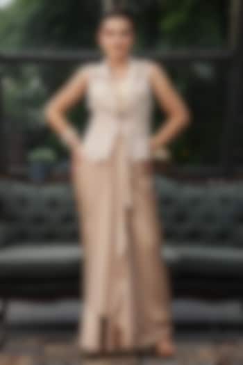 Gold Satin Cutwork Draped Skirt Set by LASHA at Pernia's Pop Up Shop