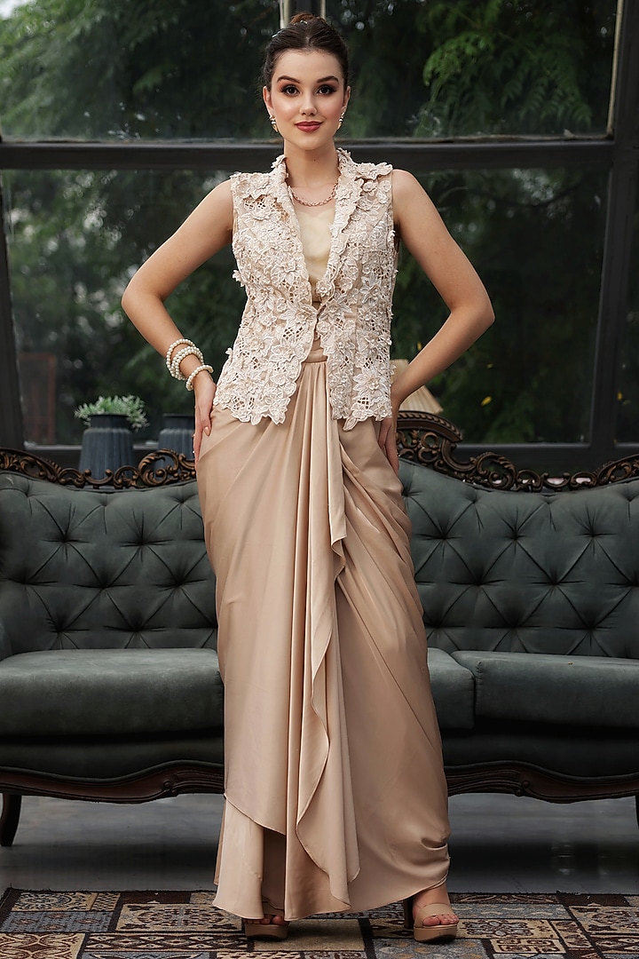 Gold Satin Cutwork Draped Skirt Set by LASHA at Pernia's Pop Up Shop