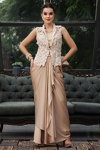 Gold Satin Cutwork Draped Skirt Set by LASHA