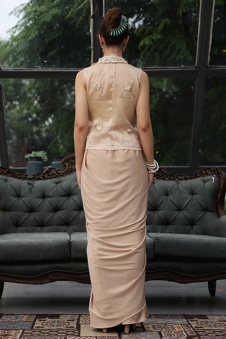 Gold Satin Cutwork Draped Skirt Set by LASHA at Pernia's Pop Up Shop