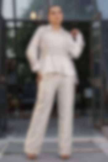 Ivory Raw Silk & Crepe French Knot Work Co-Ord Set by LASHA at Pernia's Pop Up Shop