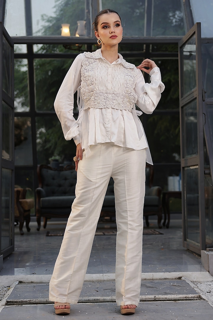 Ivory Raw Silk & Crepe French Knot Work Co-Ord Set by LASHA at Pernia's Pop Up Shop