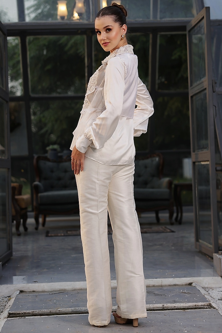 Ivory Raw Silk & Crepe French Knot Work Co-Ord Set by LASHA at Pernia's Pop Up Shop