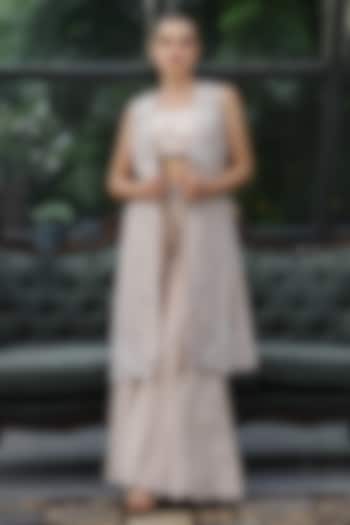 Grey Satin Cutwork Draped Skirt Set by LASHA at Pernia's Pop Up Shop