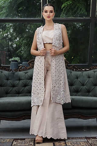 Grey Satin Cutwork Draped Skirt Set by LASHA