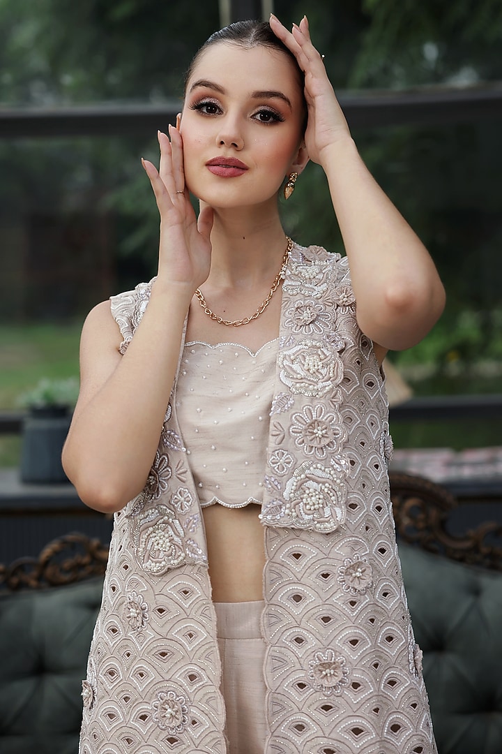 Grey Satin Cutwork Draped Skirt Set by LASHA at Pernia's Pop Up Shop