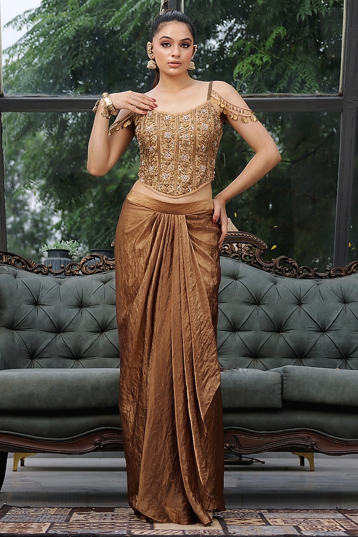 Antique Gold Zari Tissue Pre-Draped Skirt Set by LASHA at Pernia's Pop Up Shop