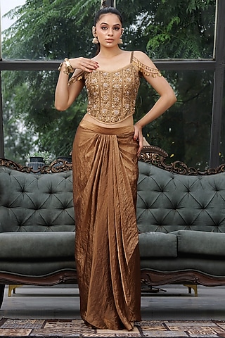 Antique Gold Zari Tissue Pre-Draped Skirt Set by LASHA