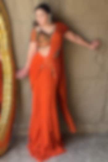 Orange Georgette & Net Cutdana Handwork Pre-Draped Wedding Saree Set by LASHA at Pernia's Pop Up Shop